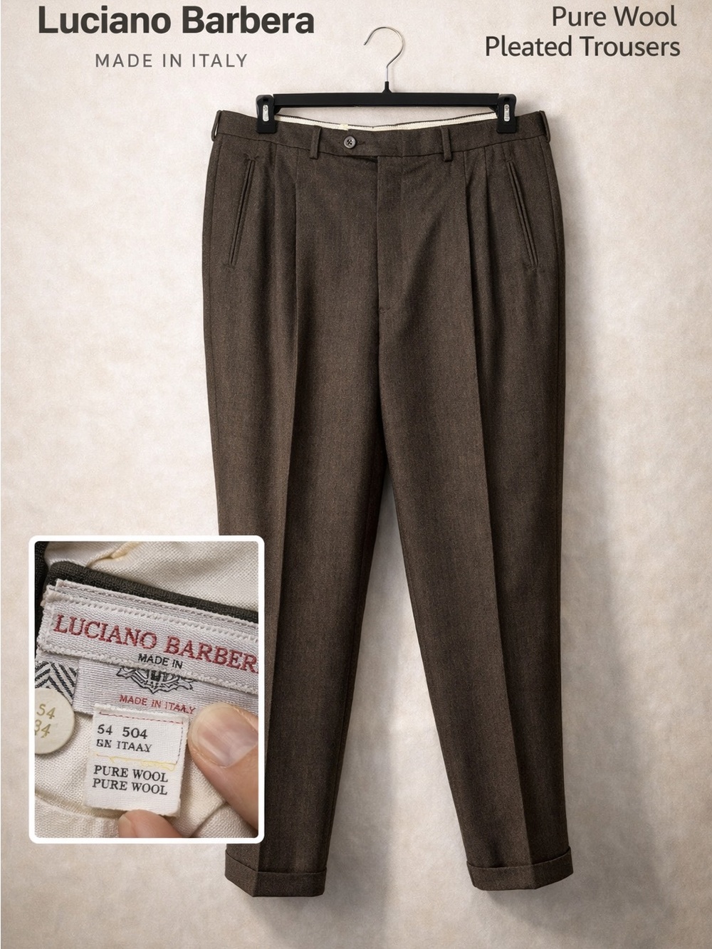 Luciano Barbera Men’s Brown Pleated Dress Pants- Size 54